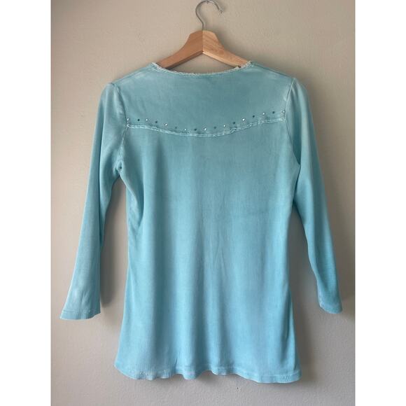 Y2K Bedazzled Rhinestone Cross Blue Long-Sleeve Shirt – Size Medium - Picture 4 of 5